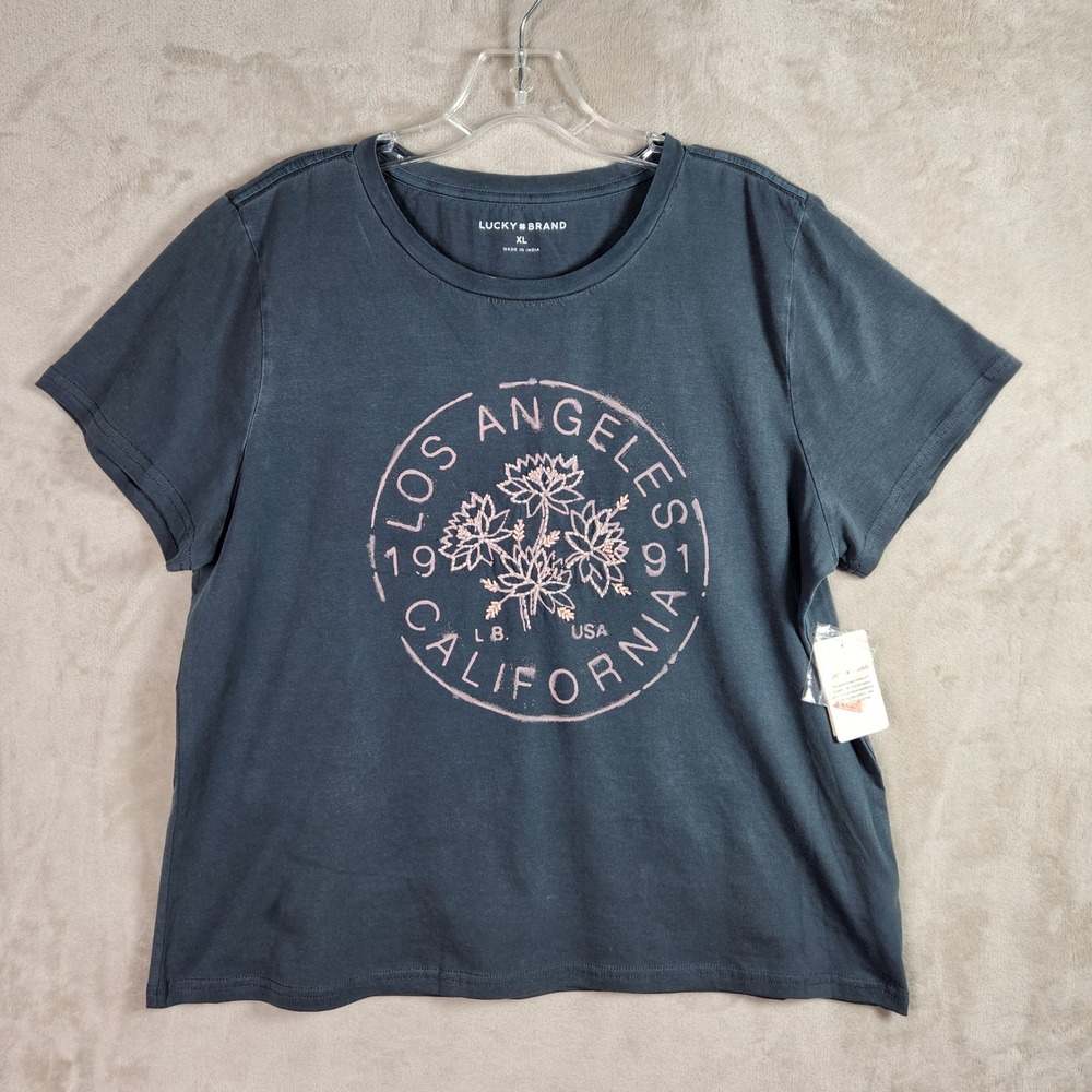 Lucky Brand Graphic T-Shirt Womens XL Dark Slate Beaded Los Angeles California